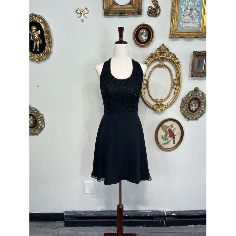 Bieff Basix for David York Black Silk Beaded Halter Mini Dress Vintage Y2K 6